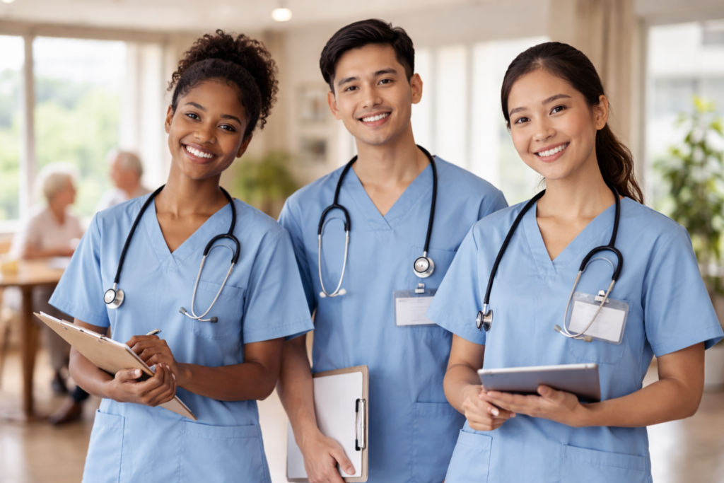 Altenpflegerin / Altenpfleger Azubis aus dem Ausland arbeiten in einem deutschen Pflegeheim