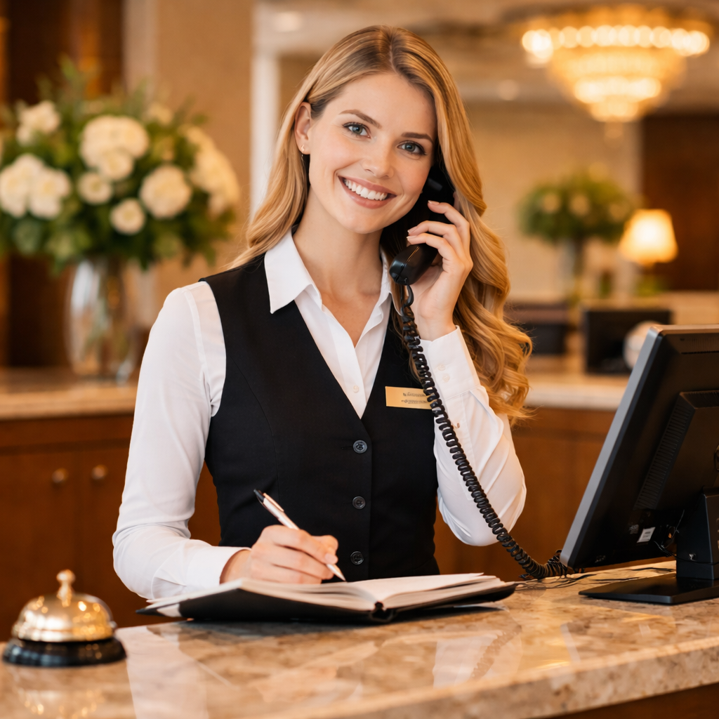 Azubi im Hotelgewerbe arbeitet an der Rezeption eines Hotels während der Ausbildung in Deutschland