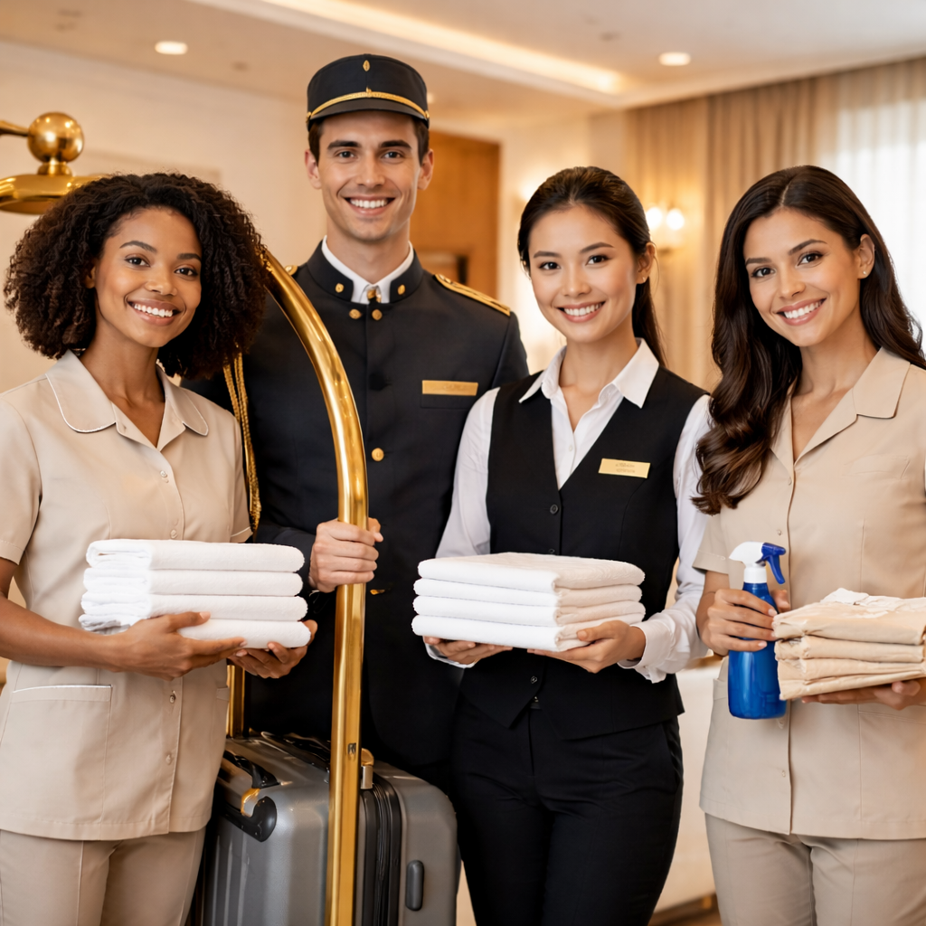 Internationale Azubis im Hotelgewerbe arbeiten im Housekeeping eines Hotels während ihrer Ausbildung in Deutschland