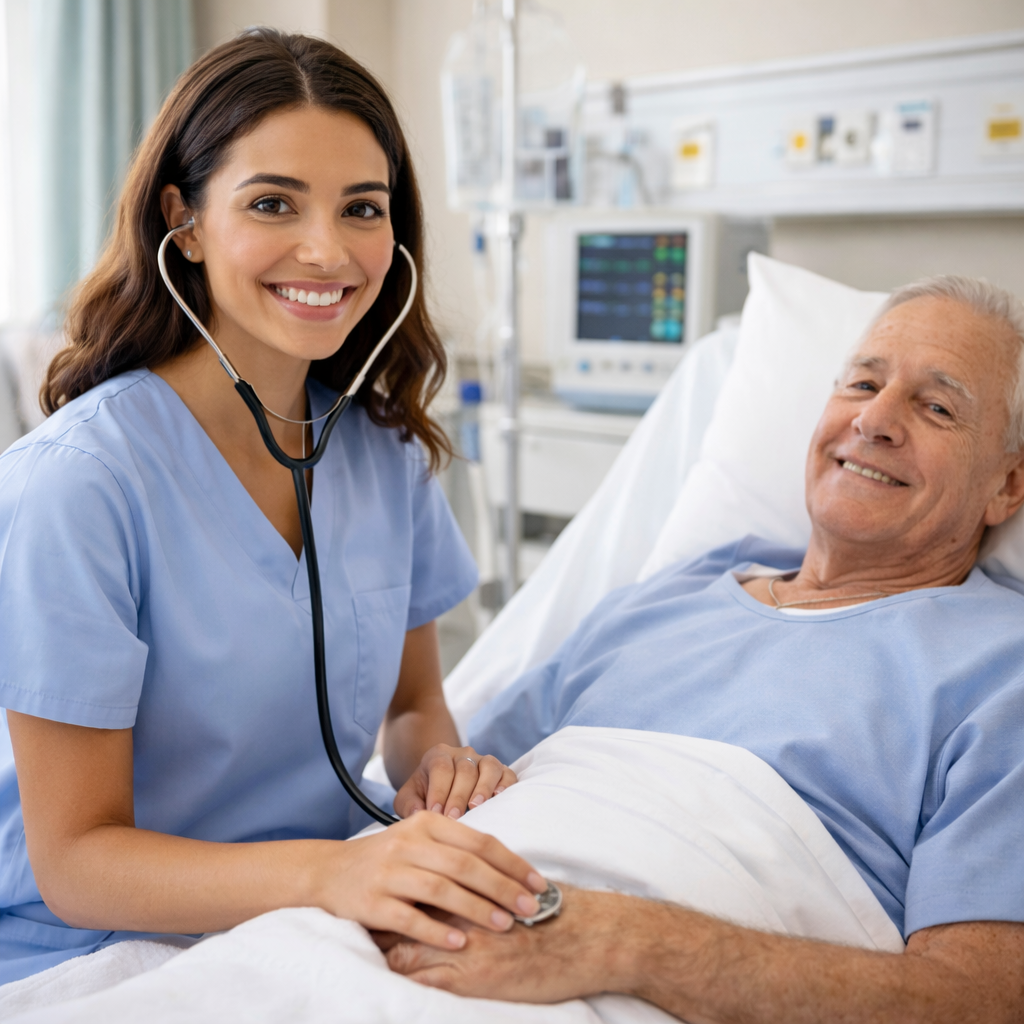 Pflegefachfrau / Pflegefachmann Azubis aus dem Ausland betreut Patient im Krankenhauszimmer während der Ausbildung in Deutschland