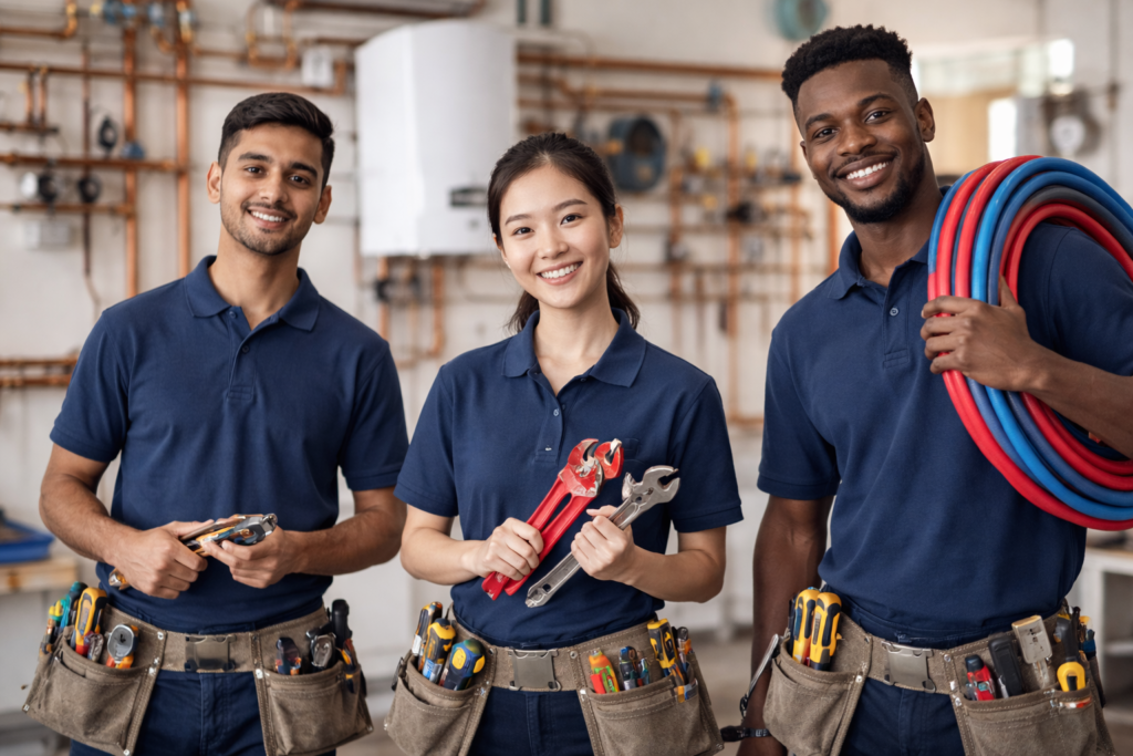 SHK Azubis aus dem Ausland bei Installationsarbeiten