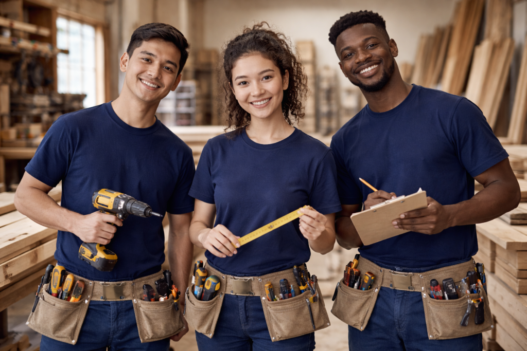 Tischler Azubis aus dem Ausland arbeiten in einer deutschen Schreinerei