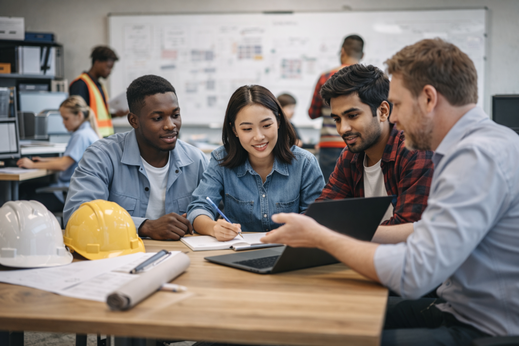 Internationale Auszubildende im Gespräch mit einem Ausbilder während des Auswahlprozesses für eine Ausbildung in Deutschland