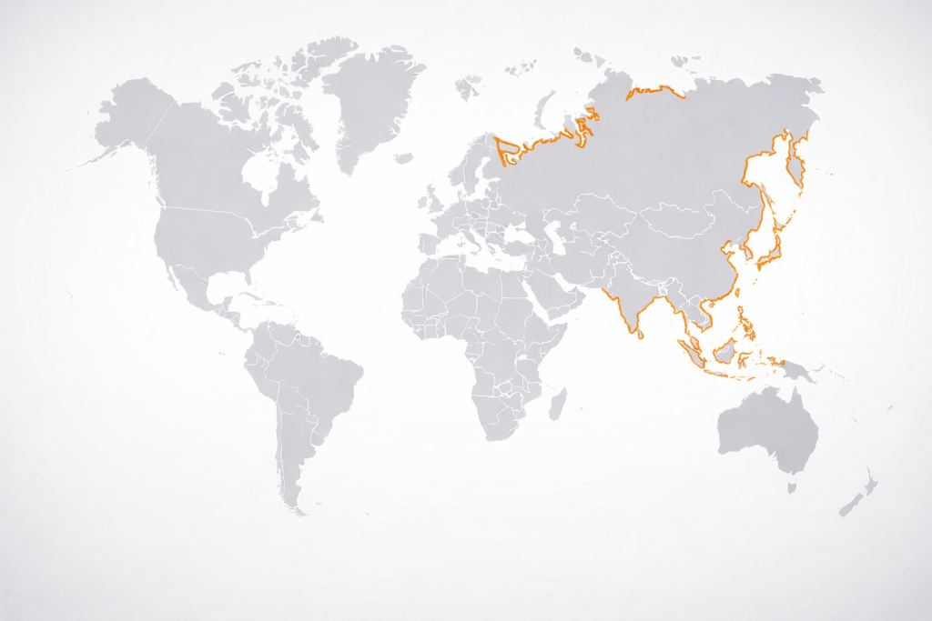 Landkarte mit orange markierten Grenzen von Asien – Herkunft internationaler Auszubildender für Ausbildungsplätze in Deutschland