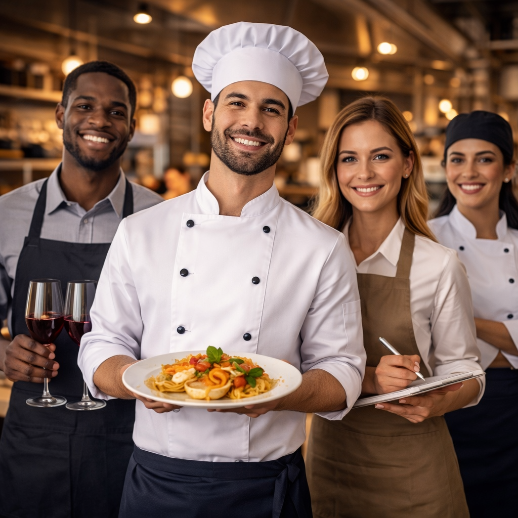 Internationale Auszubildende in der Gastronomie arbeiten gemeinsam in einer Restaurantküche in Deutschland
