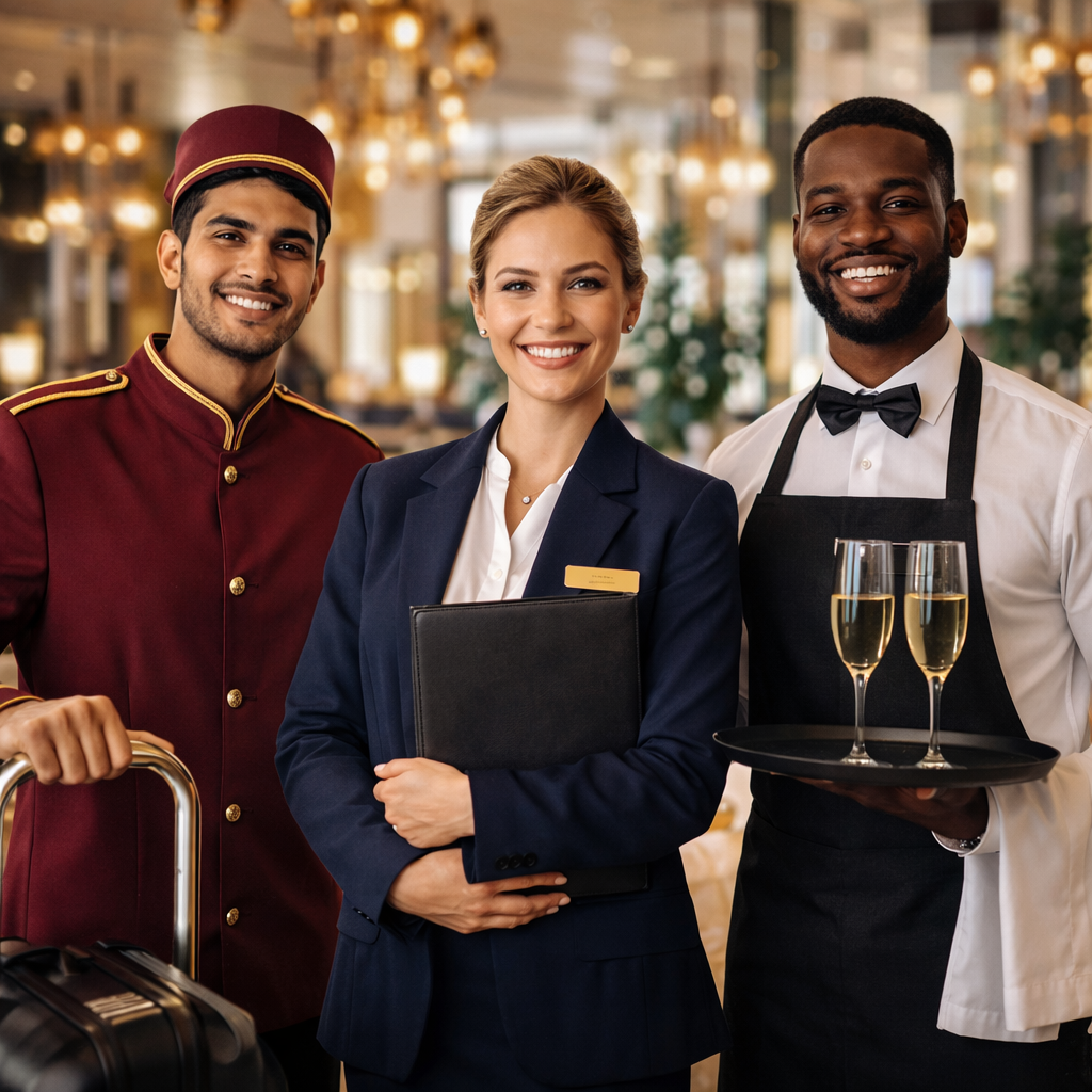 Internationale Auszubildende in der Hotellerie arbeiten gemeinsam im Empfangsbereich eines Hotels in Deutschland