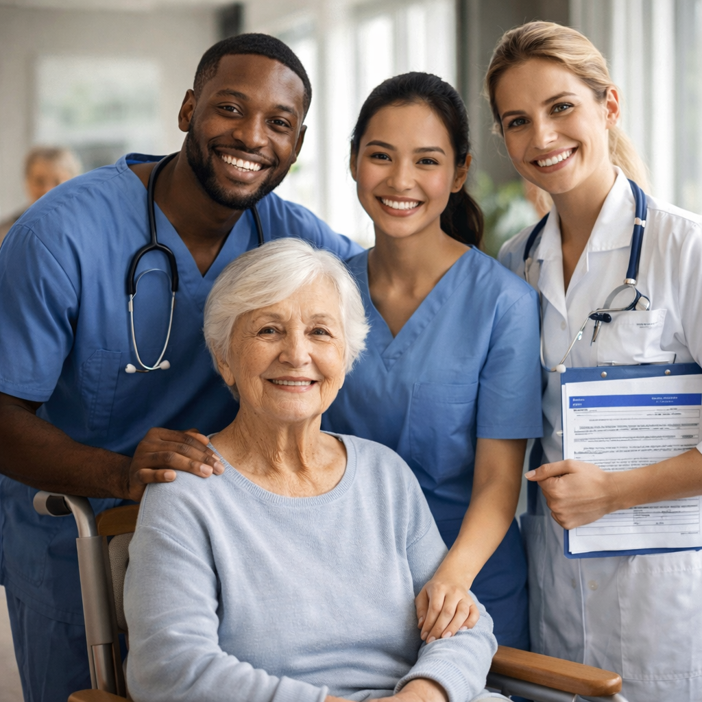 Pflegefachfrau / Pflegefachmann aus dem Ausland in der Pflege kümmern sich gemeinsam um eine ältere Patientin in Deutschland