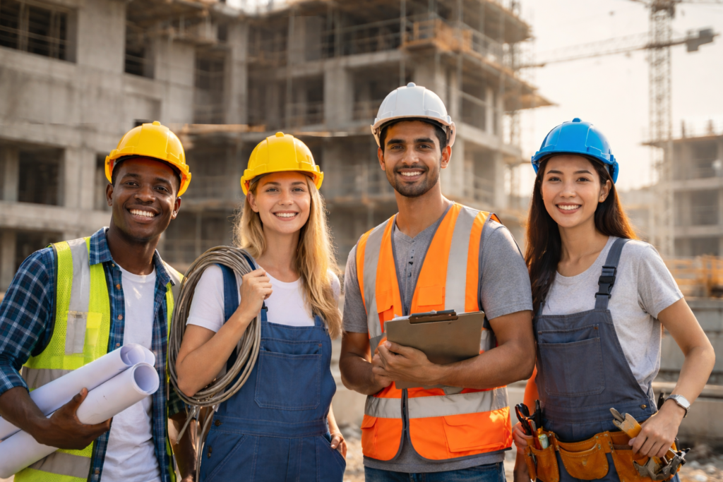 Maurer Azubis aus dem Ausland im Bauwesen auf einer Baustelle in Deutschland mit Schutzhelmen und Arbeitskleidung