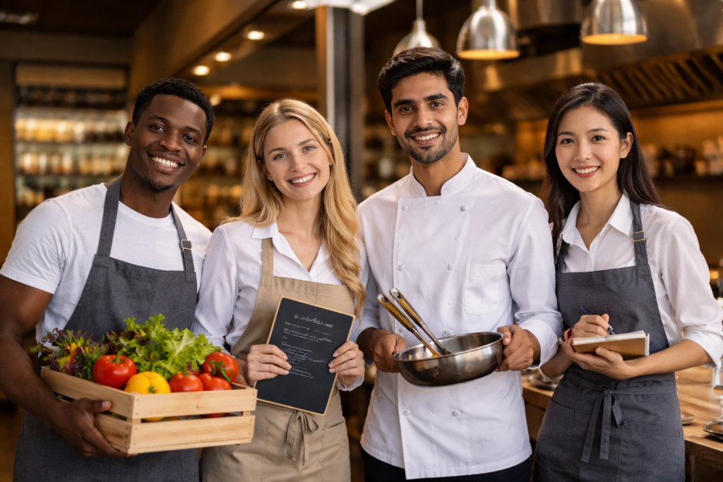 Koch Azubis aus dem Ausland in der Gastronomie arbeiten gemeinsam in einem Restaurant in Deutschland