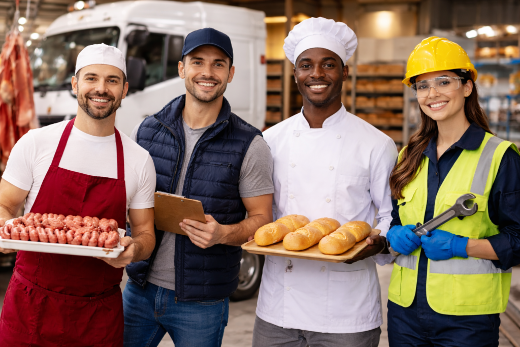Internationale Azubis in der Industrie arbeiten als Fleischer, LKW Fahrer, Bäcker und Produktionshelfer während ihrer Ausbildung in Deutschland