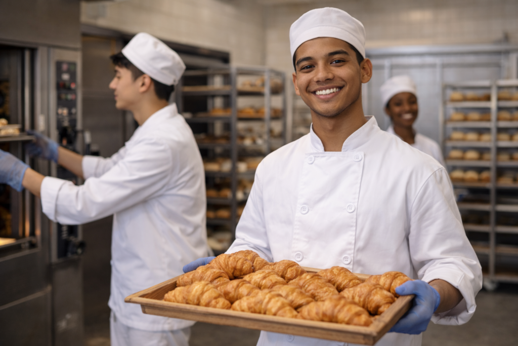 Internationaler Bäcker Azubi aus dem Ausland arbeitet in einer deutschen Bäckerei