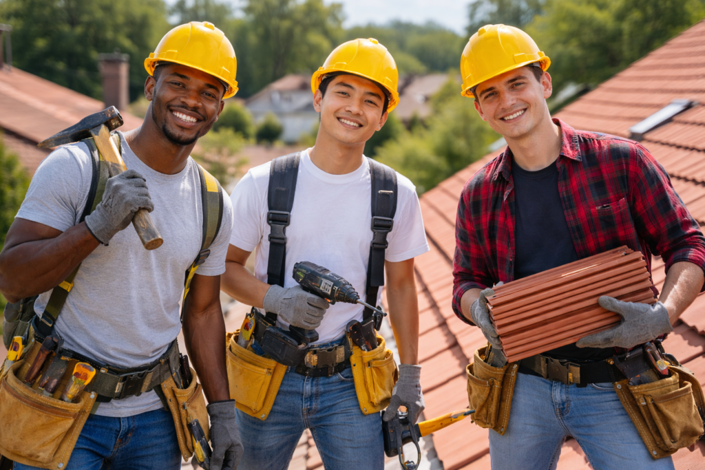 Dachdecker Azubis aus dem Ausland arbeiten auf einem Dach in Deutschland
