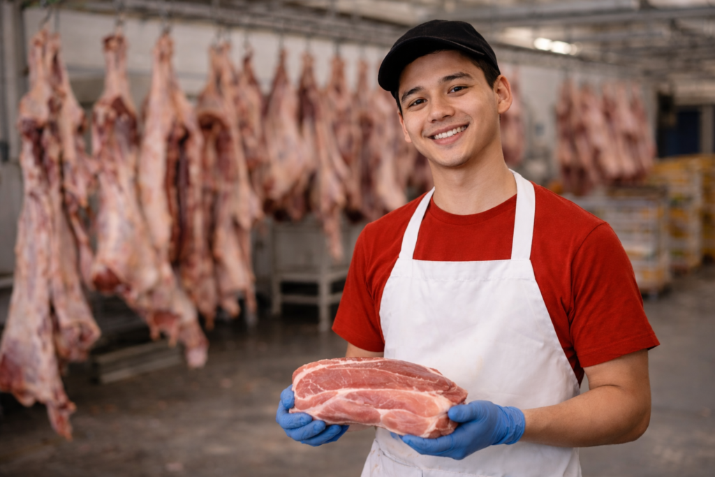 Fleischer Azubi aus dem Ausland arbeitet in einer deutschen Metzgerei