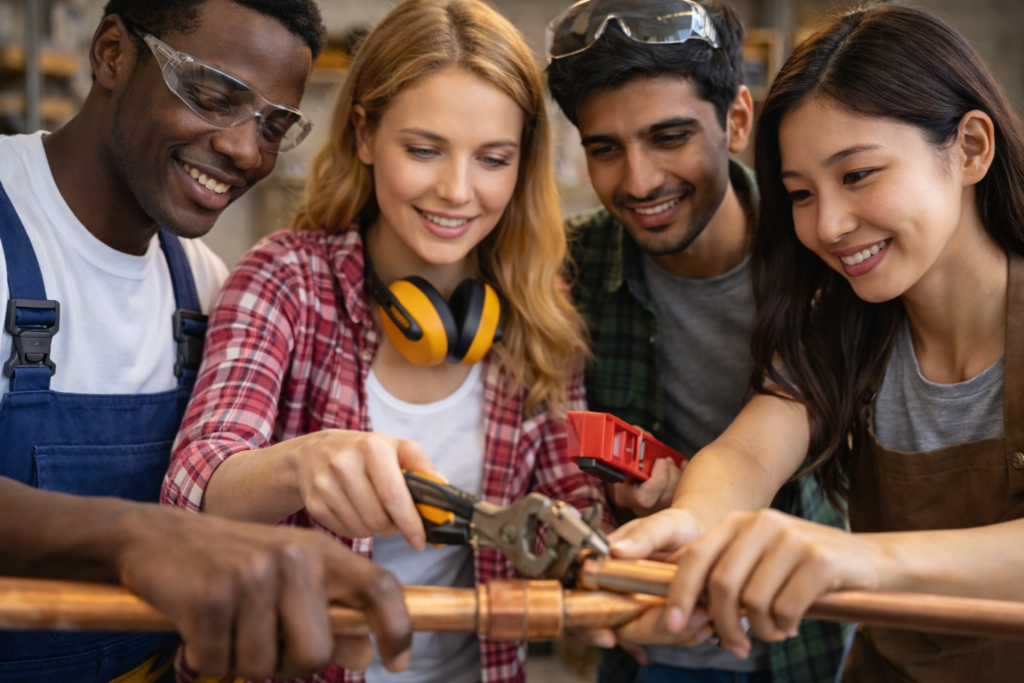 Internationale Auszubildende arbeiten gemeinsam an einem Handwerksprojekt in einer Werkstatt in Deutschland