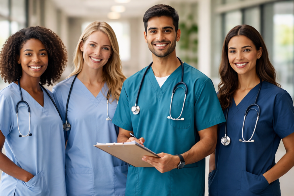 Internationale Auszubildende in der Pflege arbeiten gemeinsam in einem Krankenhaus in Deutschland