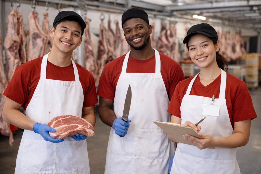 Internationale Fleischer Azubis aus dem Ausland arbeiten in einer deutschen Metzgerei