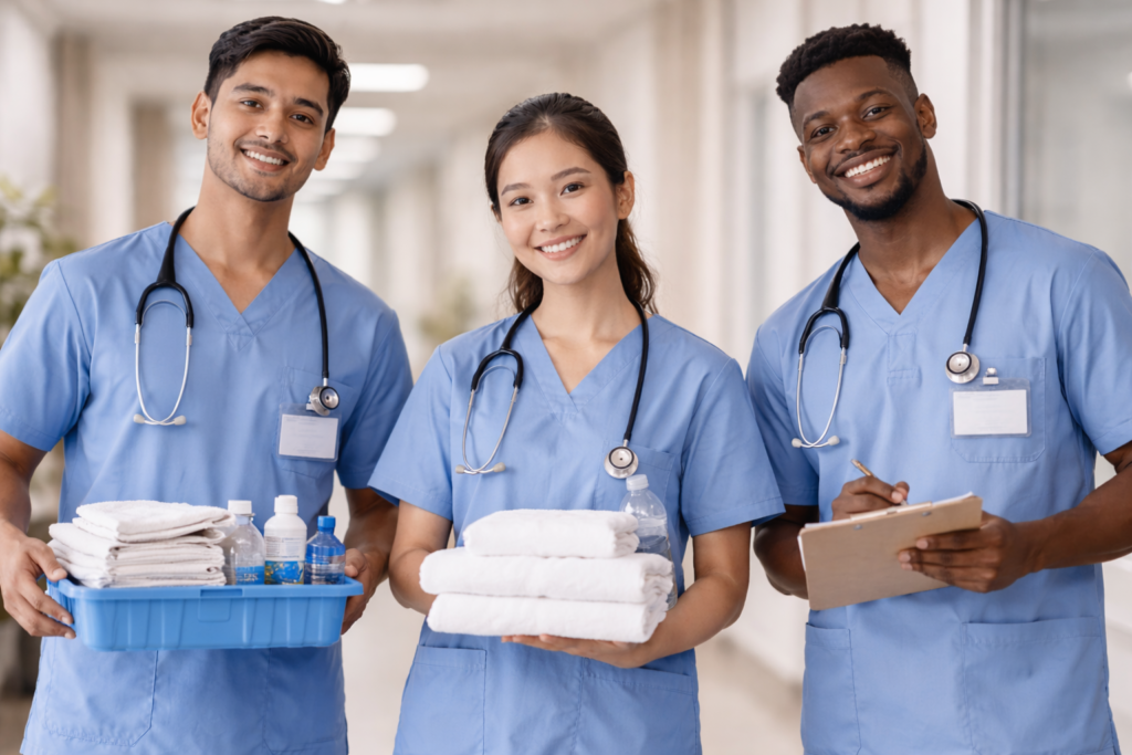 Krankenpflegehelfer Azubis aus dem Ausland arbeiten in einem deutschen Krankenhaus