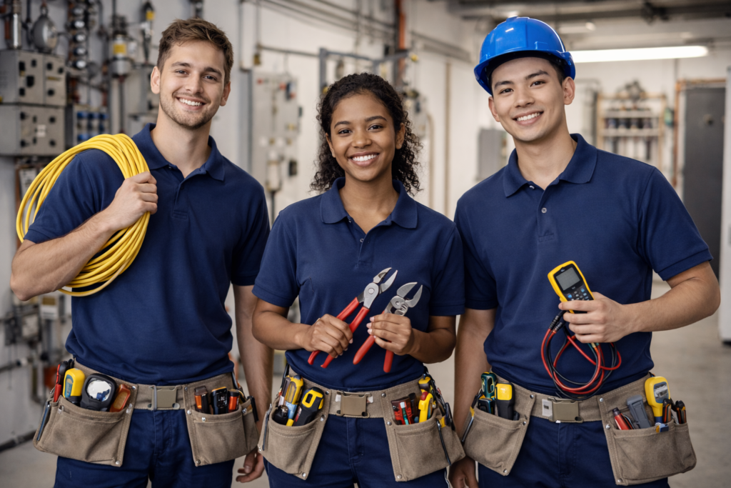 Elektriker Azubis aus dem Ausland arbeitet an elektrischer Installation