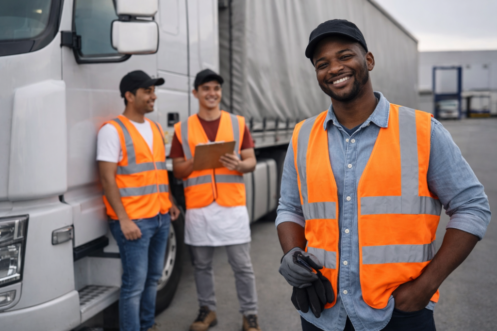 Internationaler LKW Fahrer Azubi aus dem Ausland vor einem LKW in Deutschland
