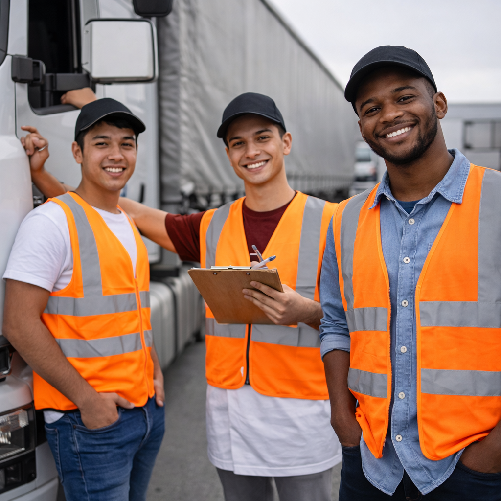 Internationale LKW Fahrer Azubis aus dem Ausland vor einem LKW in Deutschland