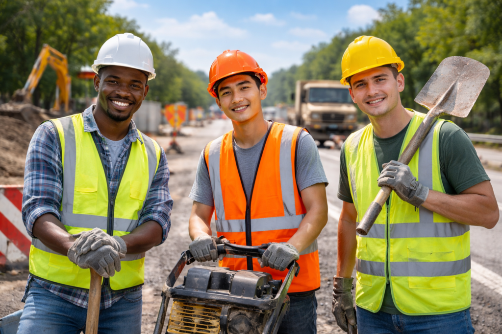 Straßenbauer Azubis aus dem Ausland arbeiten auf deutscher Baustelle